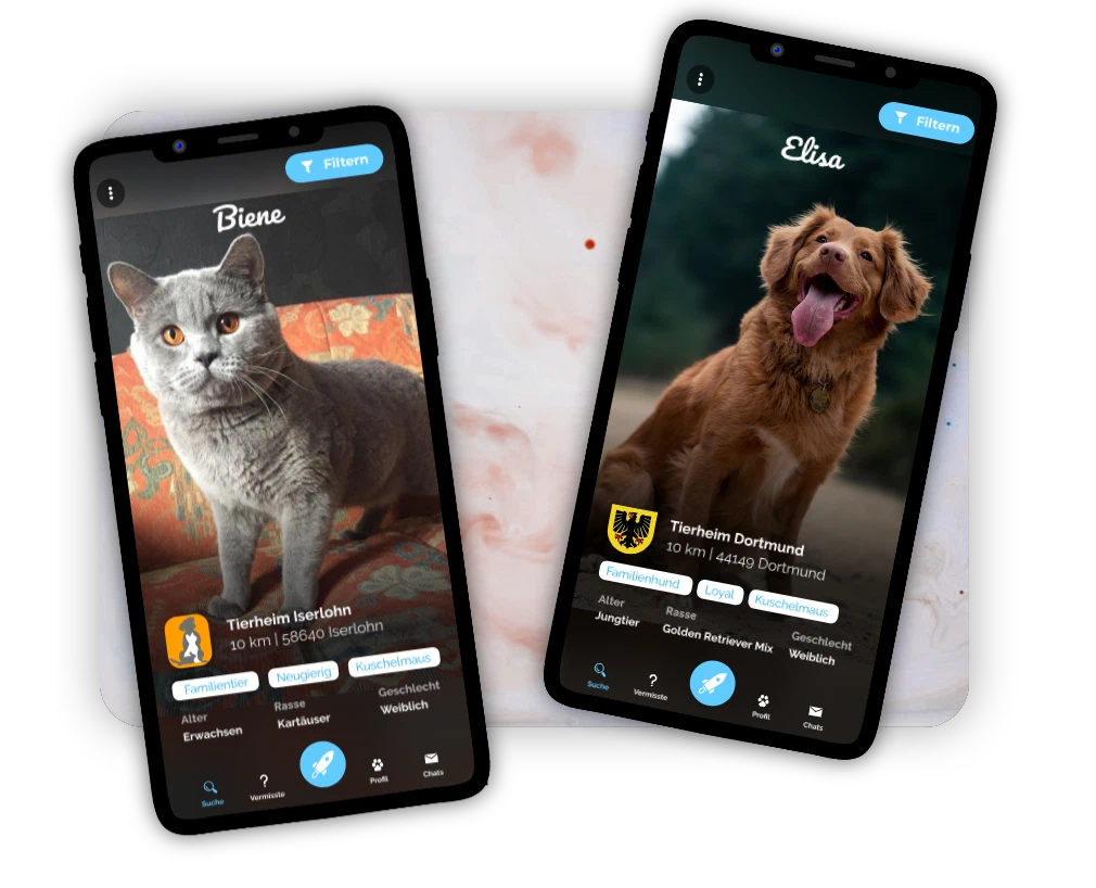 The Pet Fellows app on two smartphones
